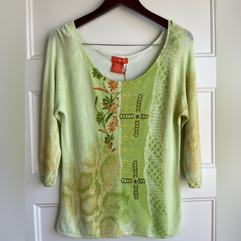 Tessori Beaded Floral Top Shirt Beige and Yellow MP008 New Womens Large